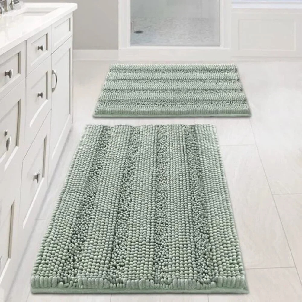 New Sage Chenille Bath Rug Set, 2-Piece Non-Skid Shaggy Mats for Bathroom Floor